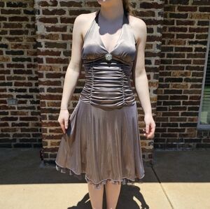 Ruby Rox Gray Pleated Halter Mini Dress